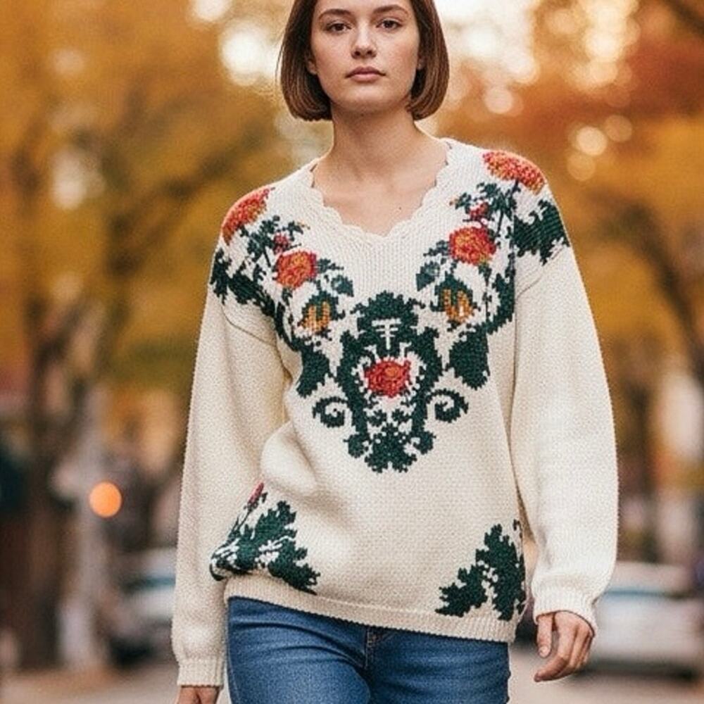 Vtg 1990s Nuggets handknit cream sweater Floral design Scallop neckline size med
